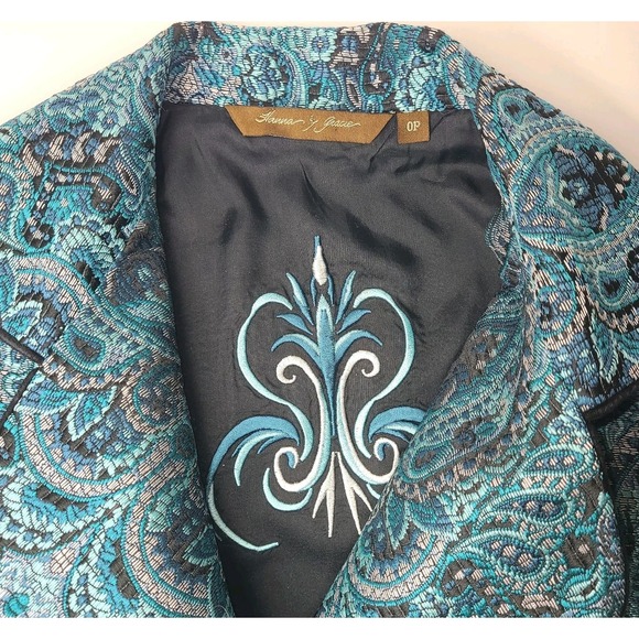 Hannah & Gracie Teal Paisley Textured Blazer Jacket Womens 0P Petite Cropped EUC - Picture 4 of 5